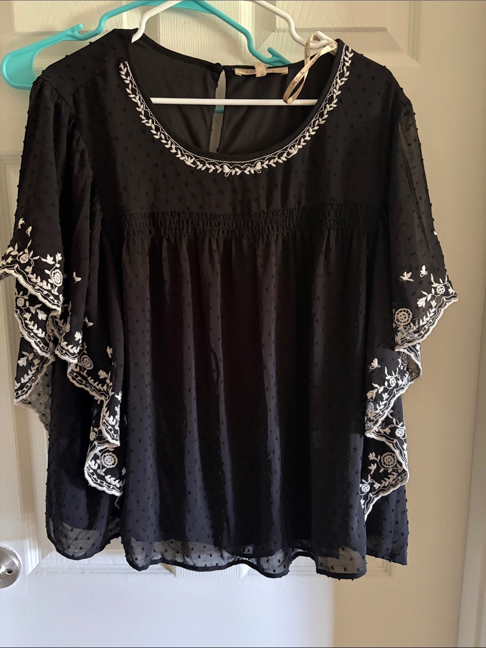 Black Embroidered Flutter-Sleeve Blouse with White Trim